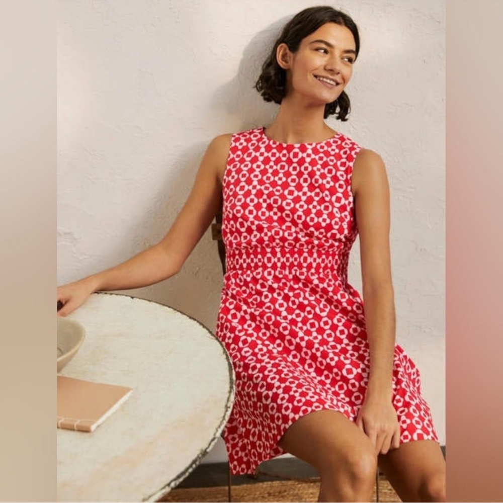 Boden Sleeveless Smocked Waist Mini Dress Red White Size 4 NWT